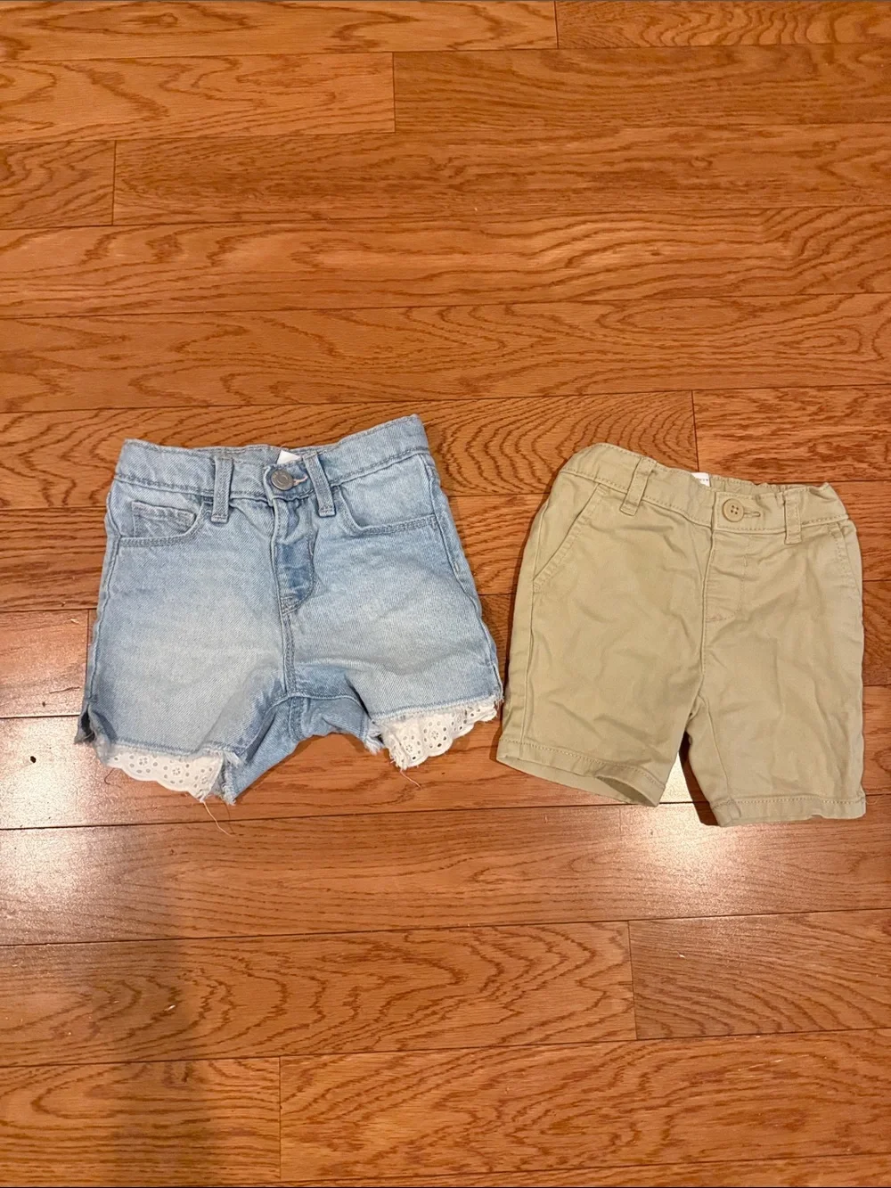 2 Old Navy Light Blue Denim Lace-Trim Shorts 3t & Khaki Pull-On Shorts 2t